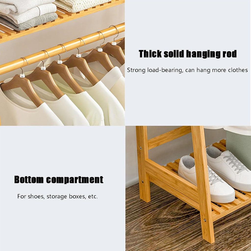 Bamboo Clothing Garment Rack, 4 Tier Storage Shelf Coat Clothes Hanging Rack Portable Wardrobe Closet Organizer with Top Shelf Shoe Storage Shelves for Hallway Entryway Coat Hanger Stand