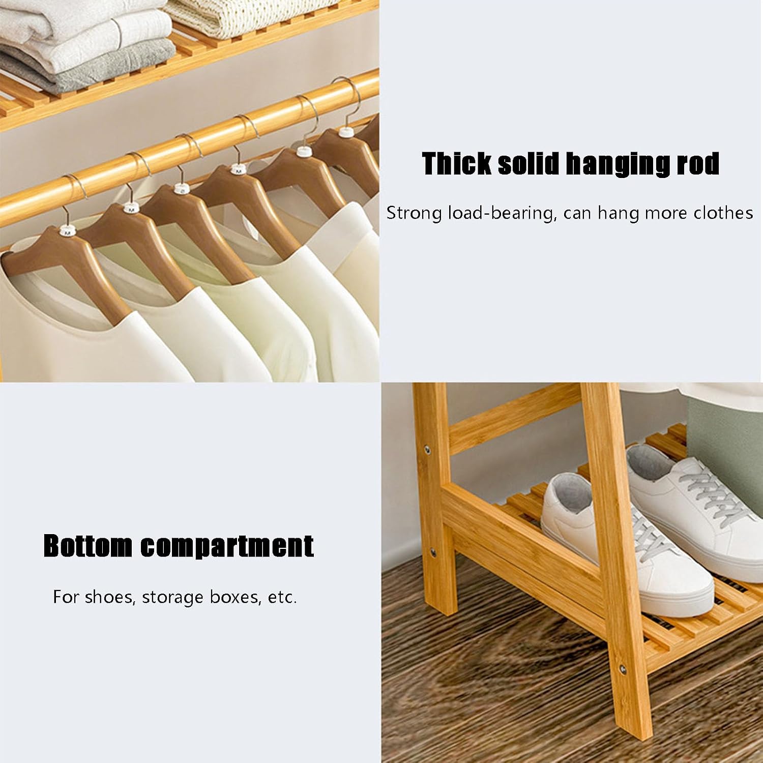 Bamboo Clothing Garment Rack, 4 Tier Storage Shelf Coat Clothes Hanging Rack Portable Wardrobe Closet Organizer with Top Shelf Shoe Storage Shelves for Hallway Entryway Coat Hanger Stand
