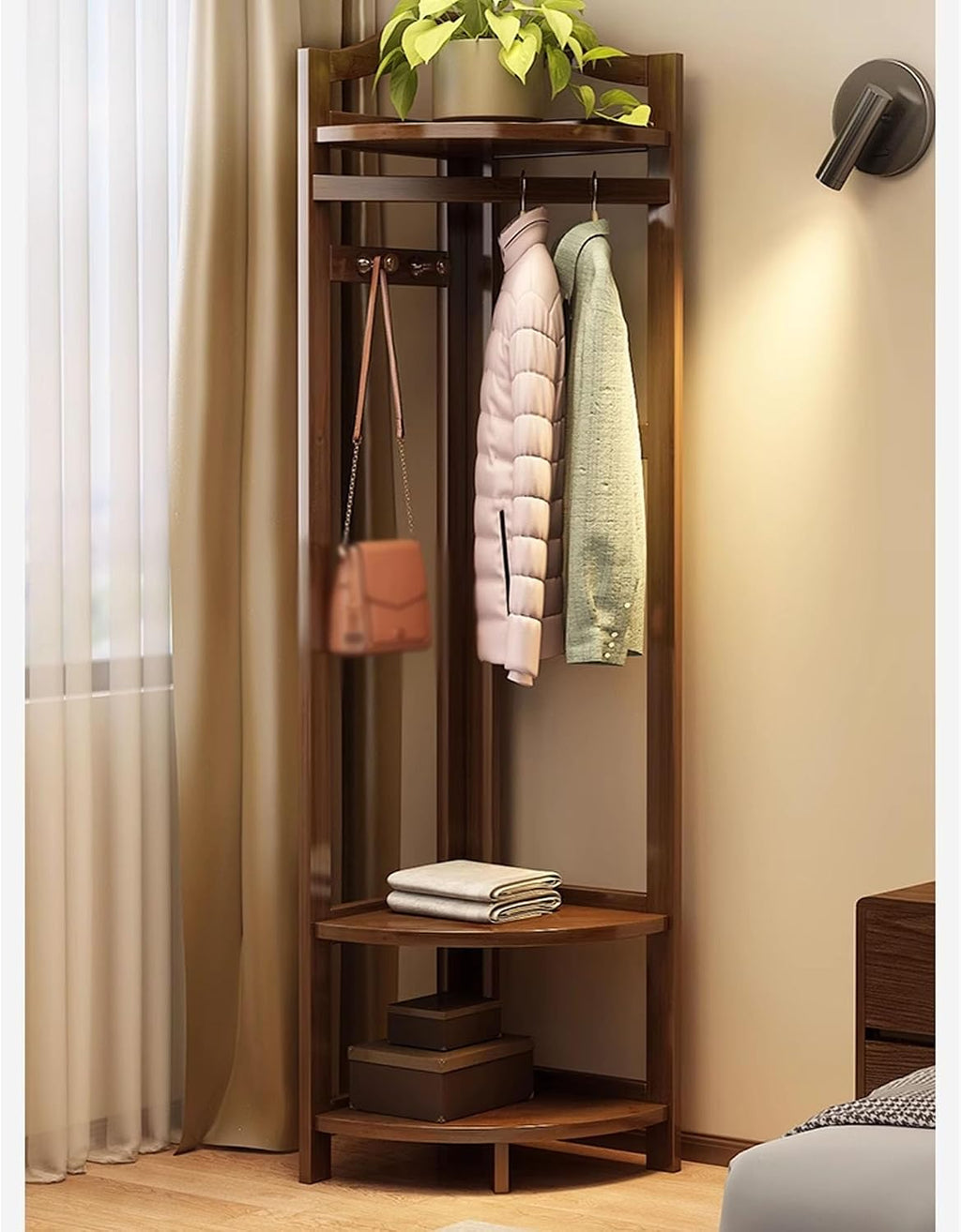 Bamboo Clothing Rack Corner Coat Rack with Hooks Stand Hall Trees Adjustable Storage Space Clothes Hanging Rail Garment Rack Anti-Tip Movable Clothing Display Rack for Bedroom Entryway