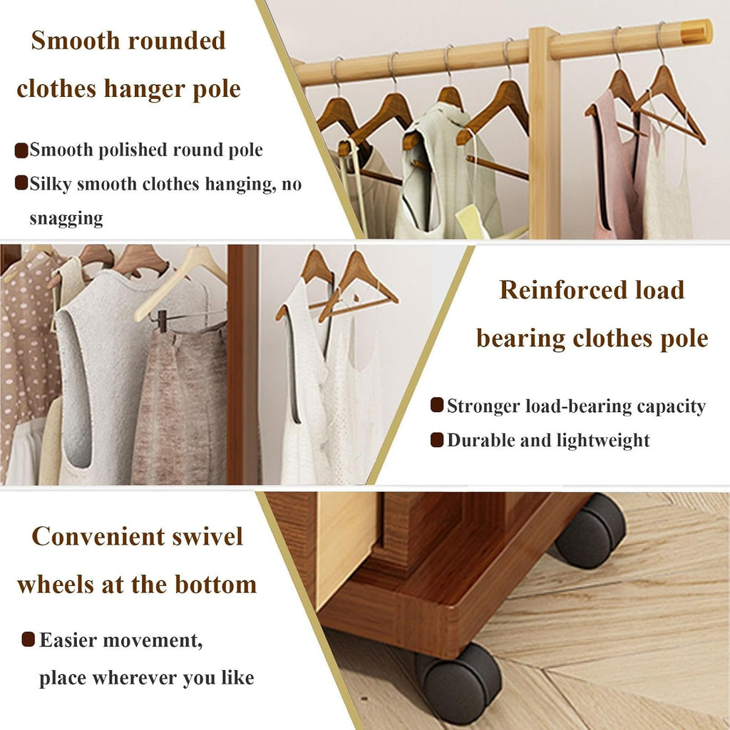 Clothes Organizer Stand On Wheels,entryway Coat Rack With Storage,Garment Racks For Hanging Clothes,bamboo Rolling Garment Rack,Multifunction Entry-way Coat Racks Stand For Bedroom Entryway(Color:Brow