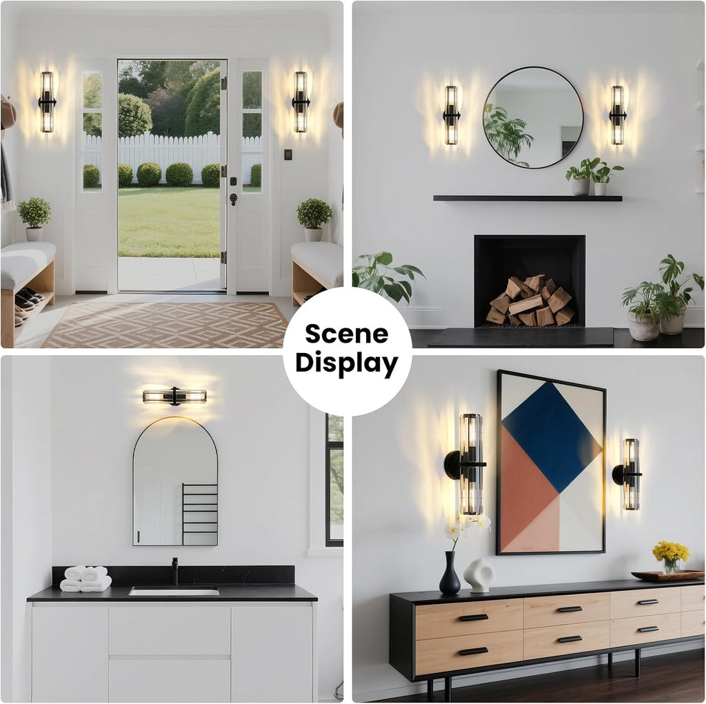Crystal Wall Sconce Set of Two, 2-Light Black Luxury Indoor Vanity Wall Lamp, 15.7-Inch Upper and lower illuminated Bathroom Light Fixtures, for Living Room, Bedroom, Bathroom, Hallway, Mirror, E26