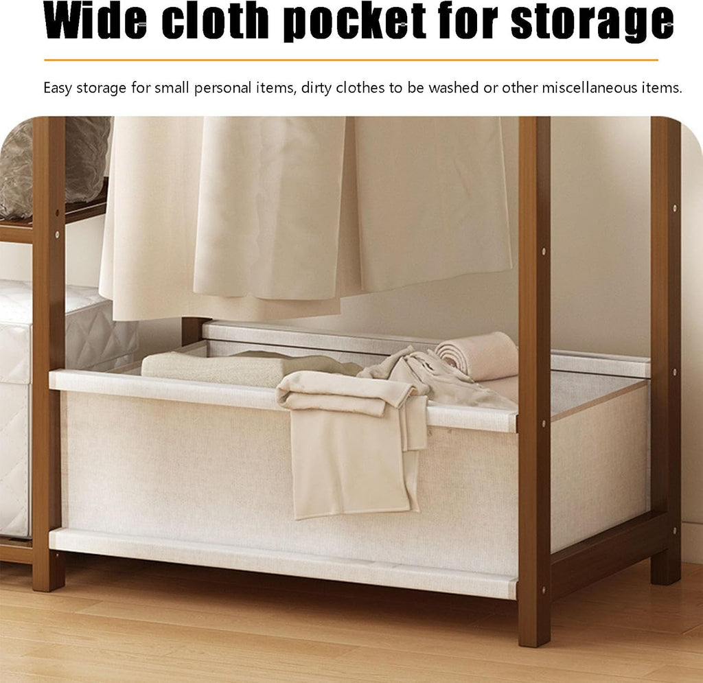 Bamboo Garment Rack, Free Standing Clothes Coat Hanger Rolling Closet Organizer with Shoe Rack Wardrobe Storage Shelves for Hall Living Room Bedroom Office, Walnut