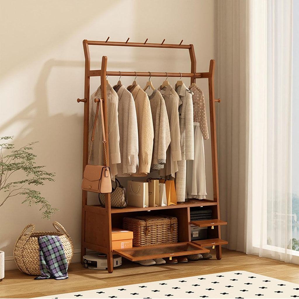 Free Standing Garment Rack with Casters, Bamboo Clothes Rack with Storage Cabinet Clothing Hanging Rail, Open Wardrobe Coat Stands for Bedroom Living Room Hallway