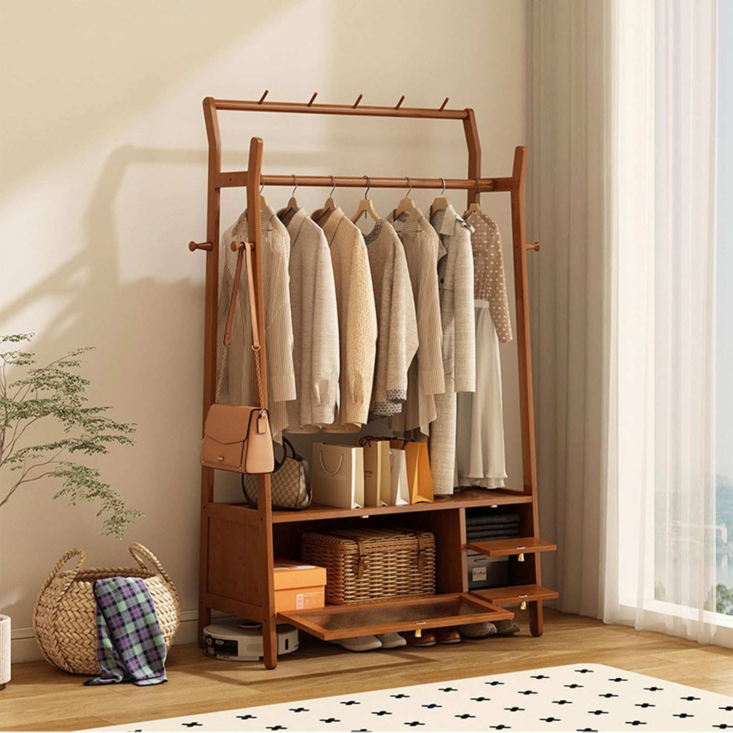 Free Standing Garment Rack with Casters, Bamboo Clothes Rack with Storage Cabinet Clothing Hanging Rail, Open Wardrobe Coat Stands for Bedroom Living Room Hallway