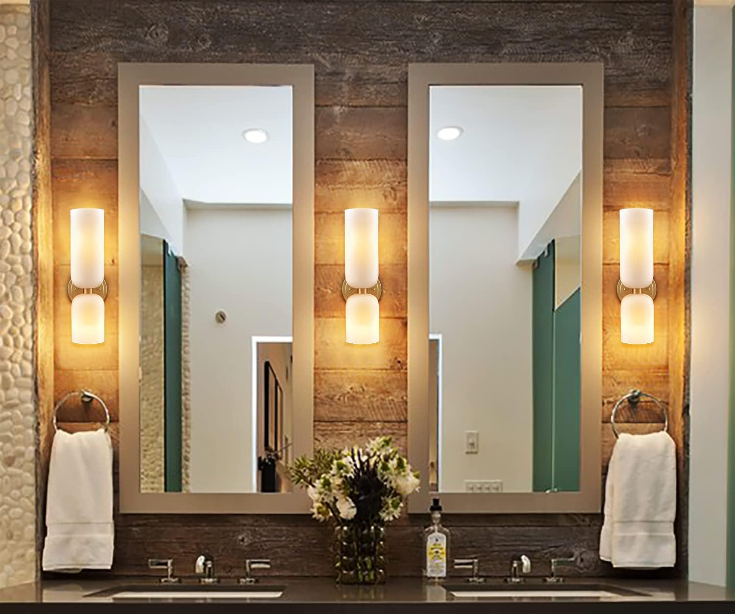 DEYNITE Gold Wall Sconces Set of Two 2-Light Modern Wall Light 3.93'(W)*14.2'(H) Bathroom Vanity Light Milky White Glass