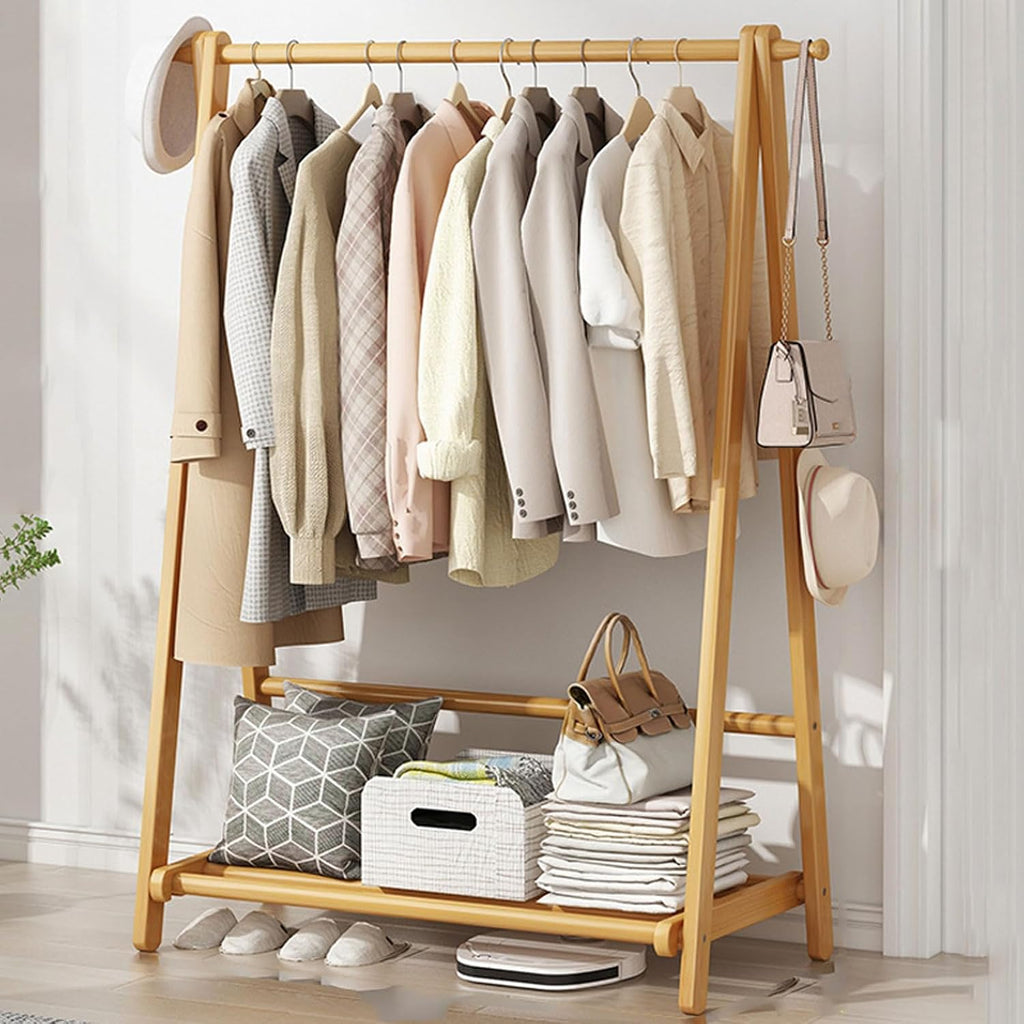3 in 1 Bamboo Coat Stand Hanging Clothes Rail with Storage Shelves, Portable Folding Garment Rack Foldable Drying Rack Clothes Rack or Entryway, Bedroom, Living Room