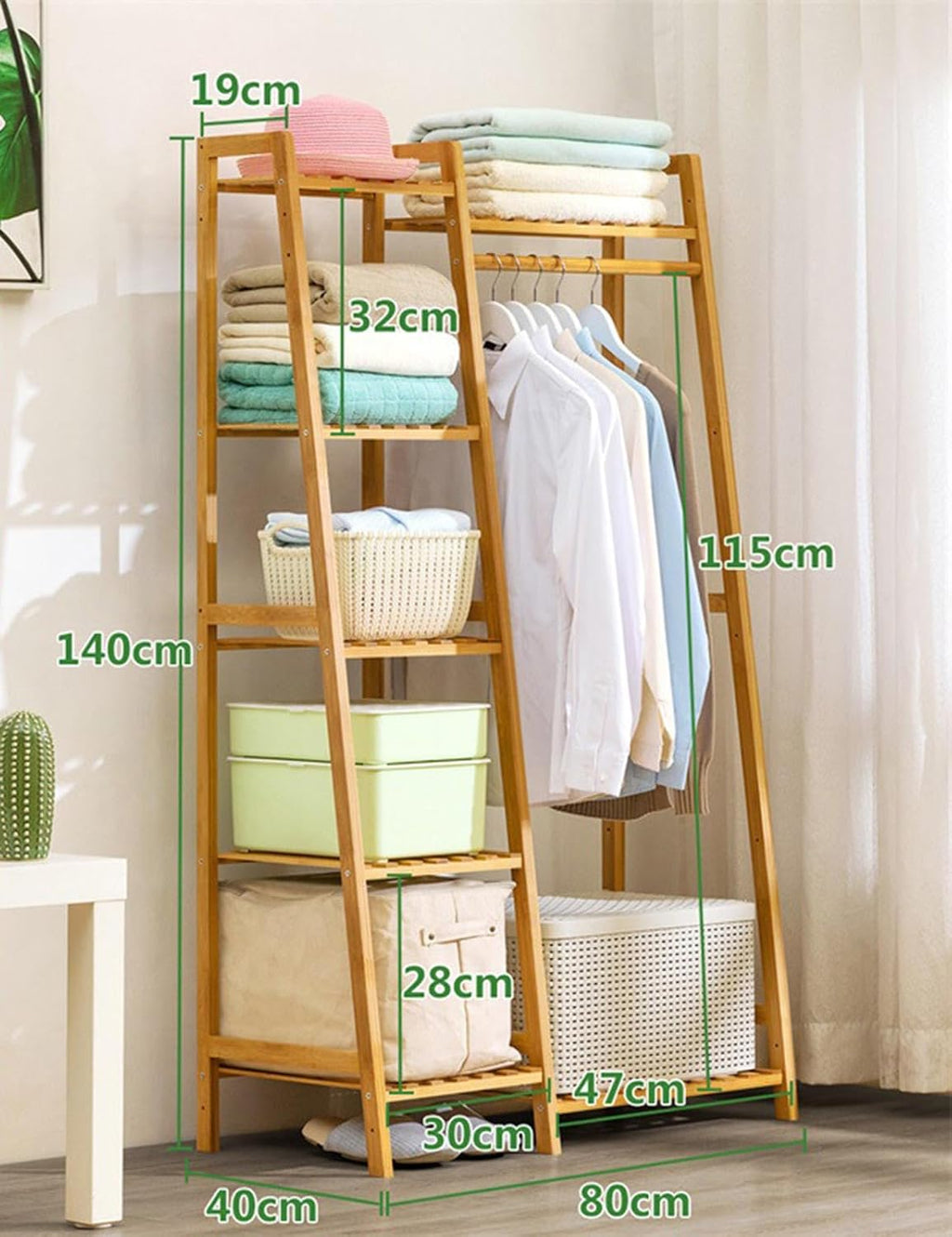 Bamboo Garment Rack,Heavy Duty Coat Clothes Hanging Rack Storage Shelf,Free-Standing Wardrobe Closet Organizer, Multi-Functional Bedroom Clothing Racks,B-80cm