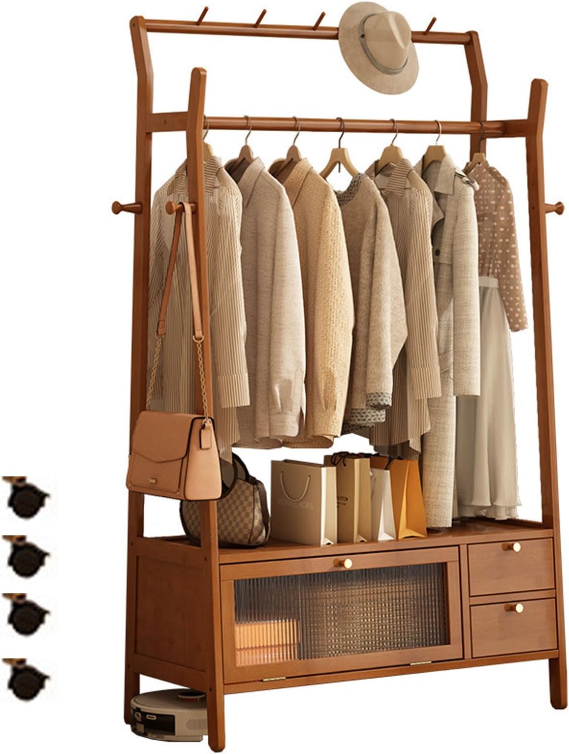 Free Standing Garment Rack with Casters, Bamboo Clothes Rack with Storage Cabinet Clothing Hanging Rail, Open Wardrobe Coat Stands for Bedroom Living Room Hallway
