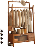 Free Standing Garment Rack with Casters, Bamboo Clothes Rack with Storage Cabinet Clothing Hanging Rail, Open Wardrobe Coat Stands for Bedroom Living Room Hallway