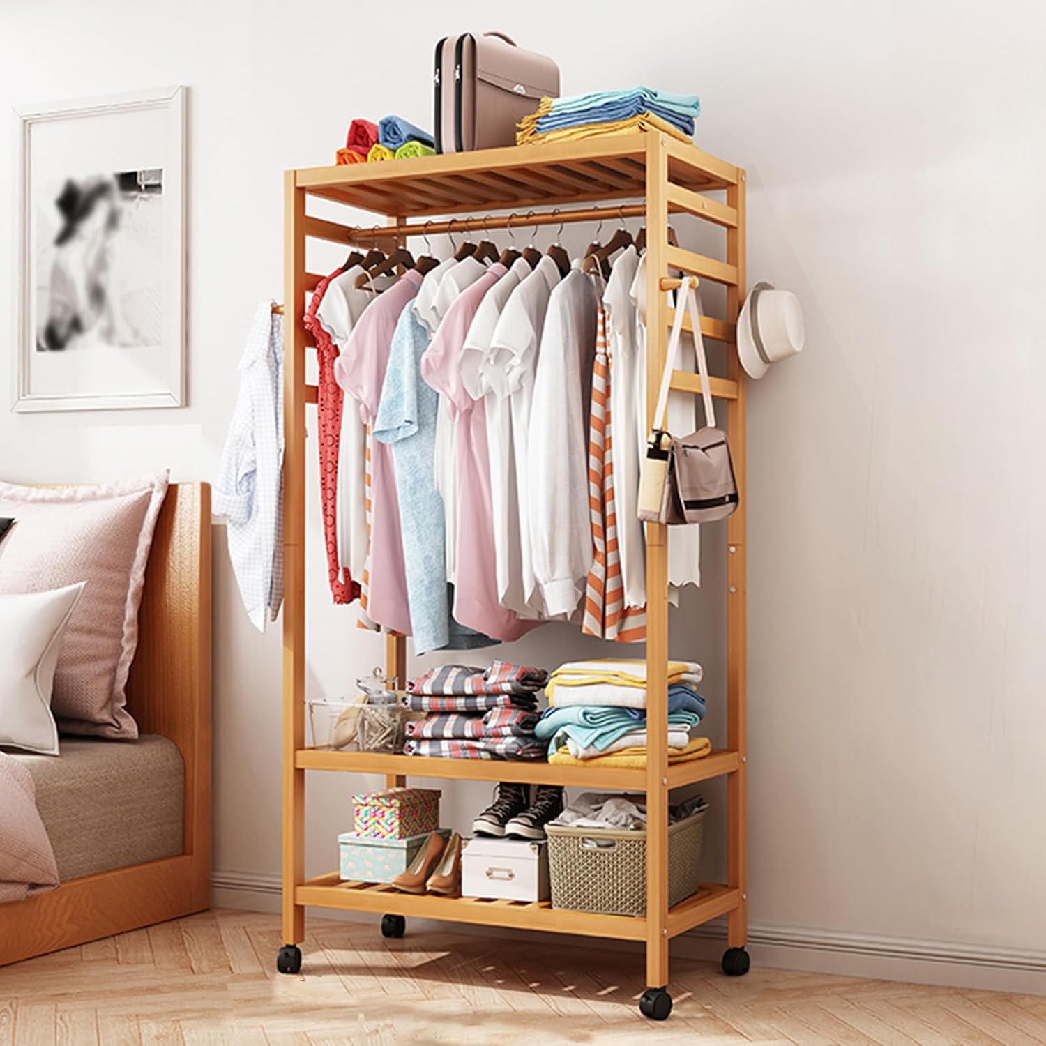 Bamboo Garment Rack Clothes Shelf Shoes Storage with 4 Hooks, Top Rod, 3 Storage Shelves, Wheels, Rolling Clothes Rack for Hanging Clothes, Clothing Racks Storage Organizer
