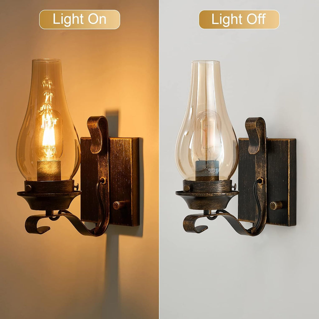 Yisuro Wall Sconces Sets of 2, Oil Rubbed Bronze Plug in Wall Sconce,Retro Rustic Wall Lamps,Sconces Wall Lighting with Amber Glass,Indoor Vintage Bedside Wall Lighting for Living Room Bathroom