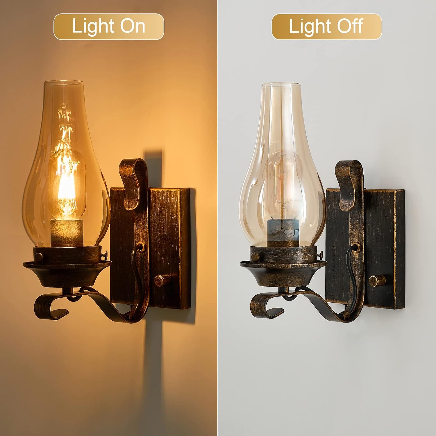 Yisuro Wall Sconces Sets of 2, Oil Rubbed Bronze Plug in Wall Sconce,Retro Rustic Wall Lamps,Sconces Wall Lighting with Amber Glass,Indoor Vintage Bedside Wall Lighting for Living Room Bathroom
