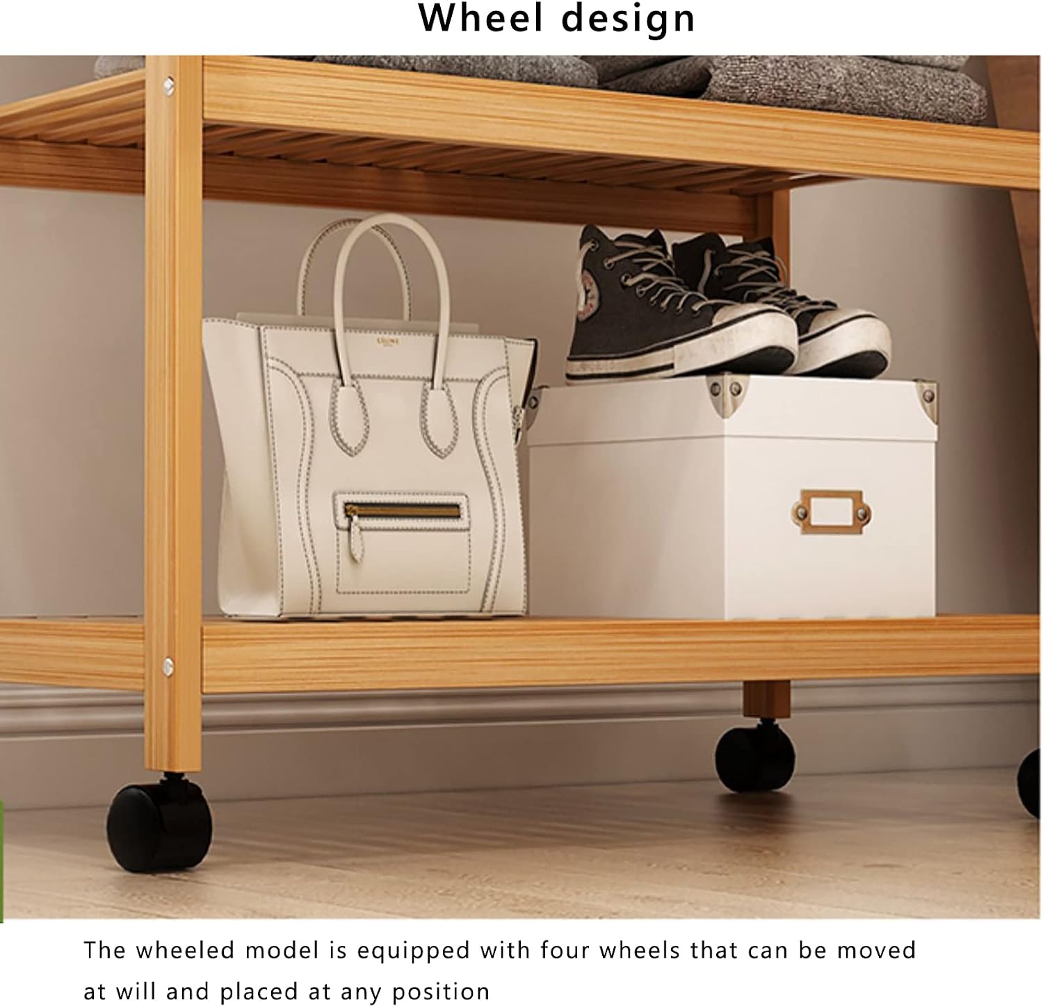 Bamboo Garment Coat Clothes Hanging Heavy Duty Rack with 1 Top and 4 Wheels,Multifunctional Storage Shelf Organizer,for Home Bedroom Entryway