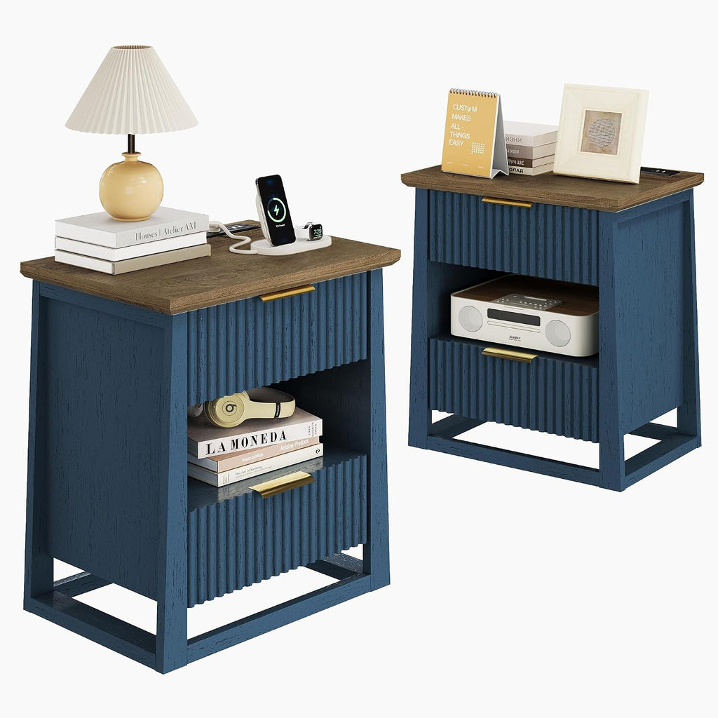 HIFYOBRO Fluted End Table Set of 2 with Charging Station and Motion Sensor Light, Modern Blue Side Tables with 2 Drawers and Storage Shelf for Living Room, Bedroom, Guest Room