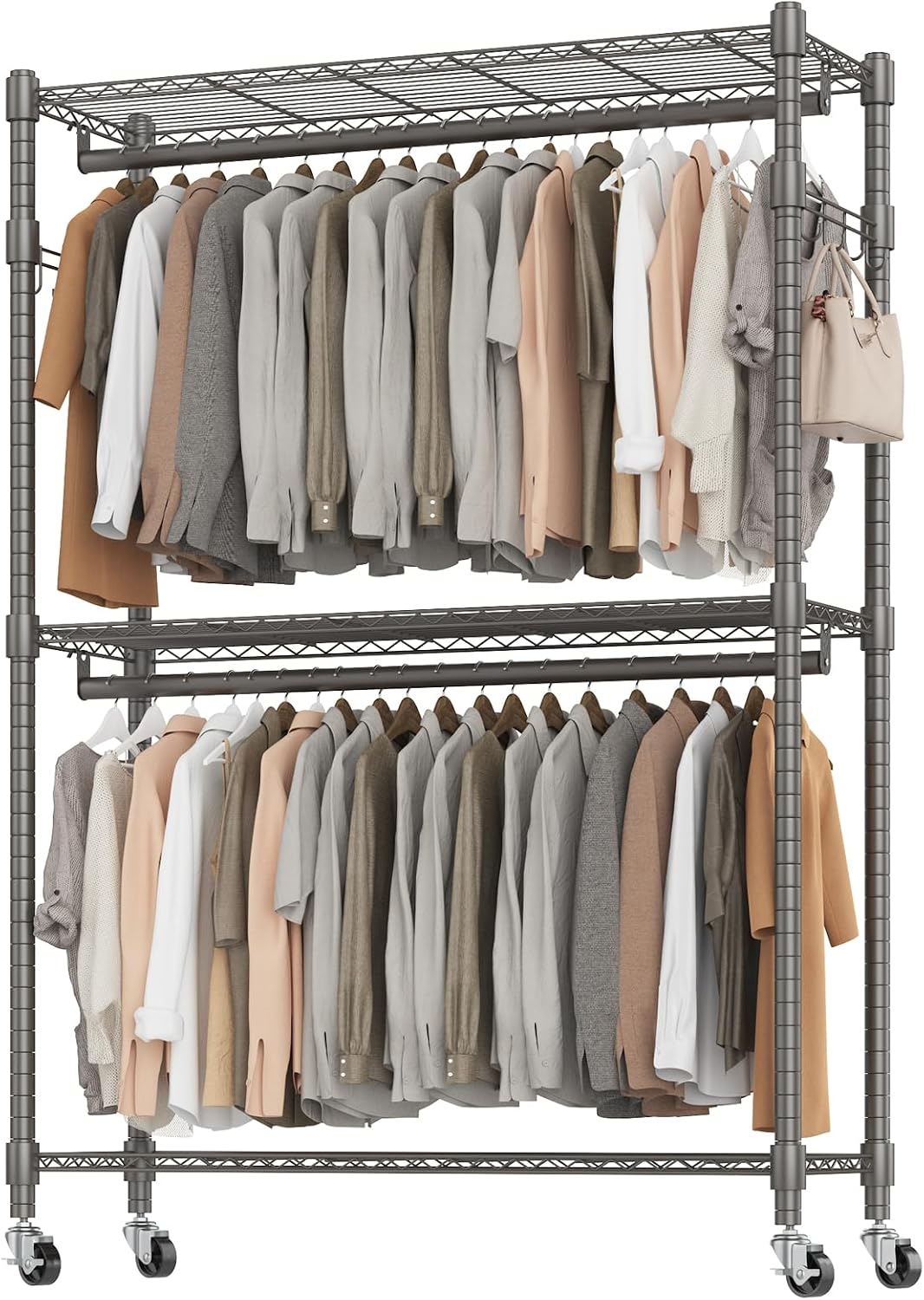 BATHWA Clothes Racks for Hanging Clothes, 25 mm tube Heavy Duty 47.3'W x 17.7'D x 80.7'H Large Wardrobe Rack with Shelves & Wheels Rolling Multifuctional for Bedroom Laundry Walk-in Closet Organizer