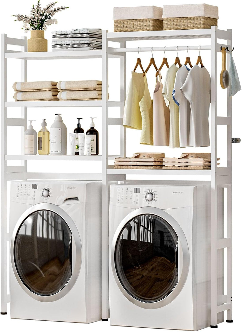 Cozivolife Over The Washer and Dryer Storage Shelf Bamboo,5 Tiers Laundry Room Drying Rack with Adjustable Shelves and 4 Hooks,Space Saver Organizer for Hanging Clothes and Towels (White)
