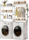 Cozivolife Over The Washer and Dryer Storage Shelf Bamboo,5 Tiers Laundry Room Drying Rack with Adjustable Shelves and 4 Hooks,Space Saver Organizer for Hanging Clothes and Towels (White)