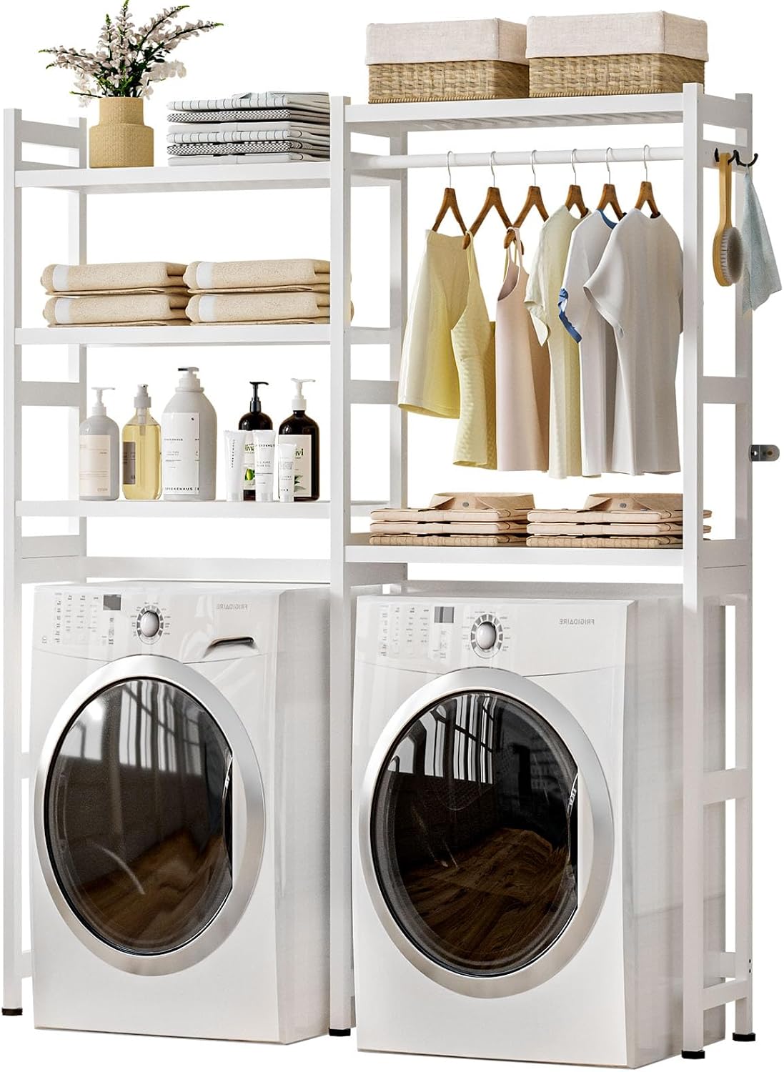 Cozivolife Over The Washer and Dryer Storage Shelf Bamboo,5 Tiers Laundry Room Drying Rack with Adjustable Shelves and 4 Hooks,Space Saver Organizer for Hanging Clothes and Towels (White)