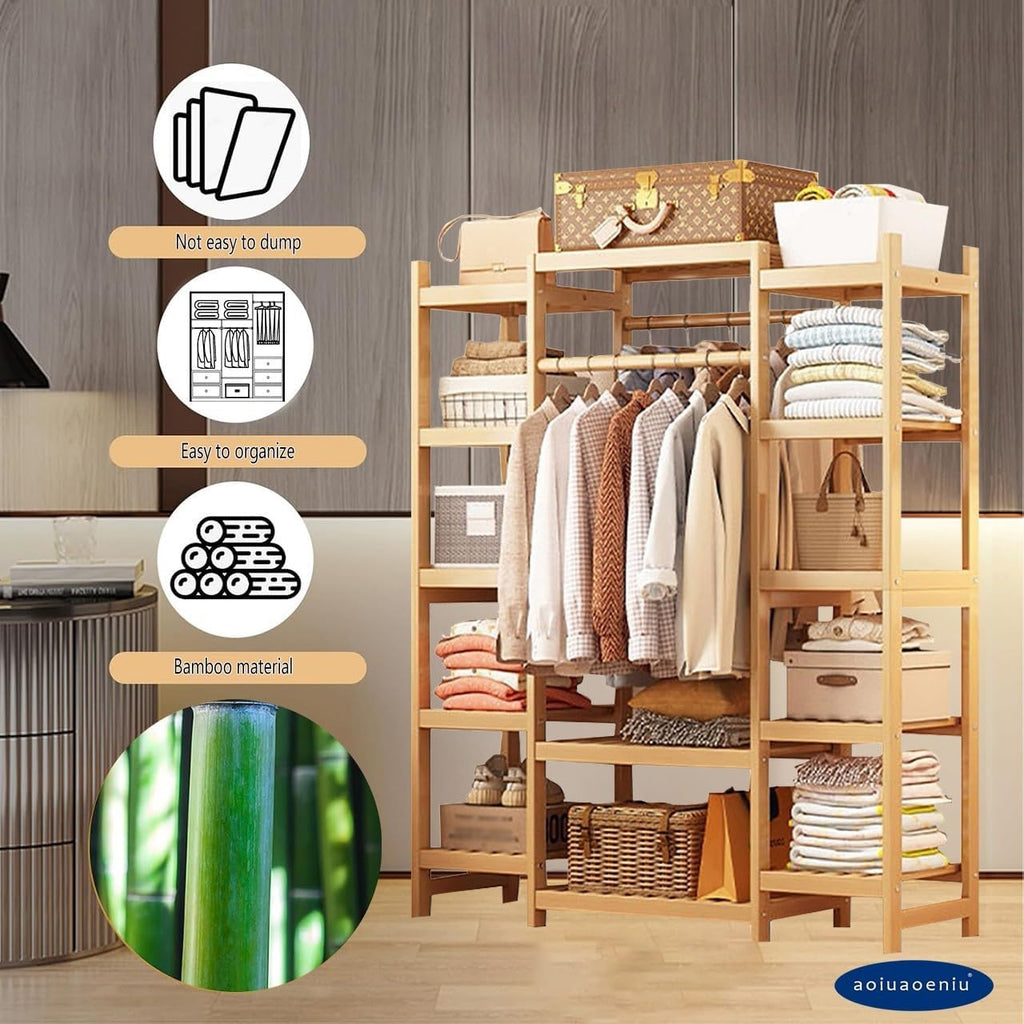 Bamboo Clothes Rail with 2 Hanging Rods and 11 Storage Shelves Portable Extra Large Garment Rack for Hallway Entryway Bedroom 160CM Height Wood Color Adjustable Sizes: 110/120/130/140/160CM