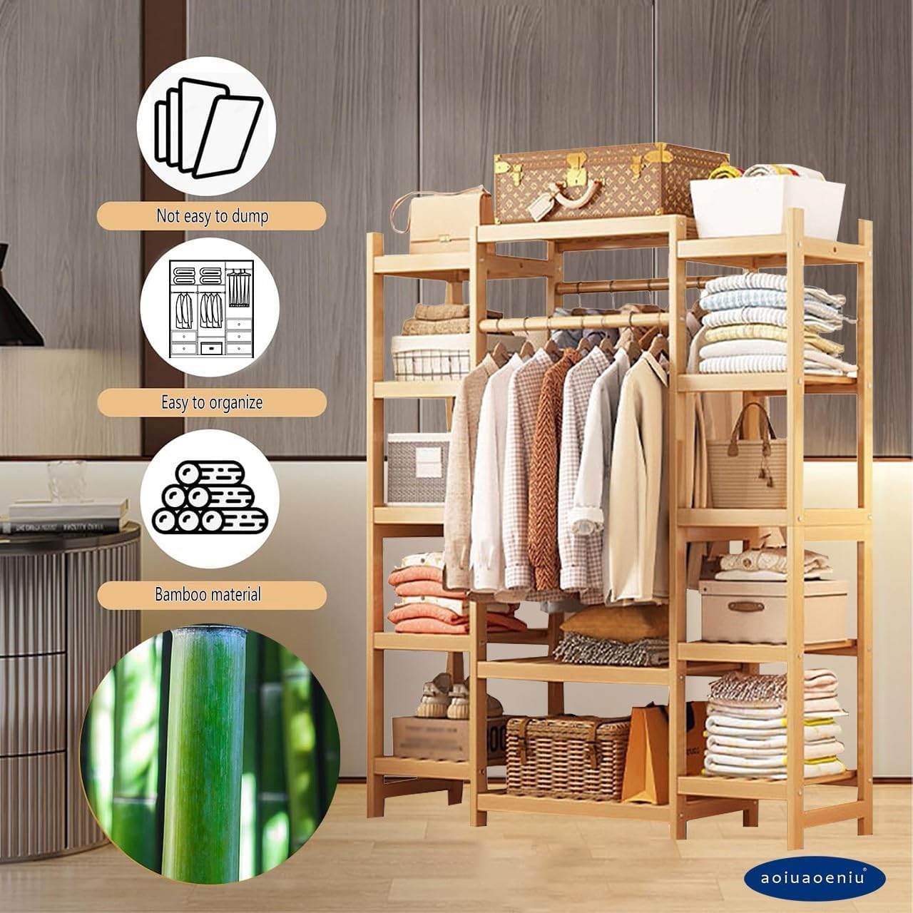 Portable Bamboo Clothes Rail with Extra Large Garment Rack 2 Hanging Rods and 11 Storage Shelves 160CM Height Ideal for Hallway Entryway Bedroom Available in 110/120/130/140/160CM (Wood Colo
