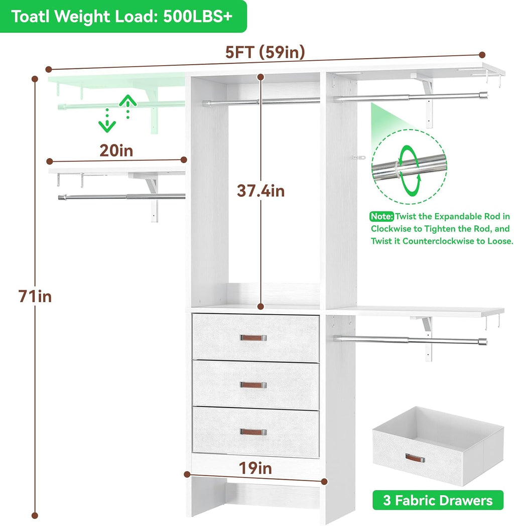 Armocity 5FT Small Closet System with 3 Fabric Drawers, 60 Inches Walk In Closet Organizer System With 3 Adjustable Shelves, Heavy Duty Clothes Rack Built-In Garment Rack, 59' L x 16' W x 71' H, White