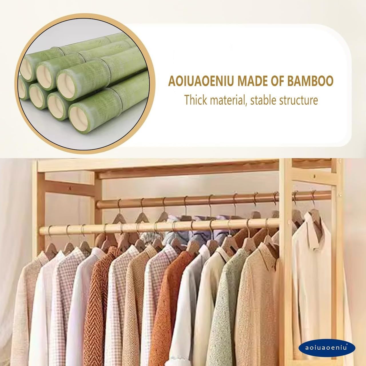 Bamboo Clothes Rail with 2 Hanging Rods and 11 Storage Shelves Portable Extra Large Garment Rack for Hallway Entryway Bedroom 160CM Height Wood Color Adjustable Sizes: 11