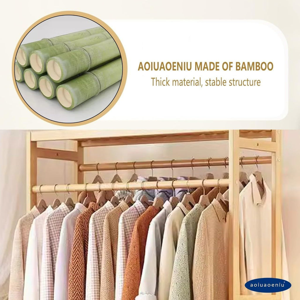 Portable Bamboo Clothes Rail with Extra Large Garment Rack 2 Hanging Rods and 11 Storage Shelves 160CM Height Ideal for Hallway Entryway Bedroom Wood Color Options Available in 110/120/130/1