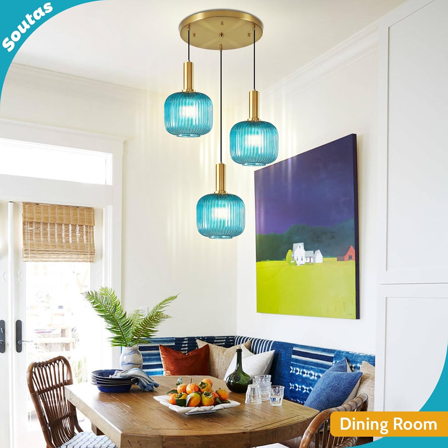 Blue Chandelier Lighting Modern Mid Century Ceiling Fixtures Lights 7.9' Glass Shade Globe Sputnik Hanging Light for Kitchen Island Dining Room, Foyer Lighting