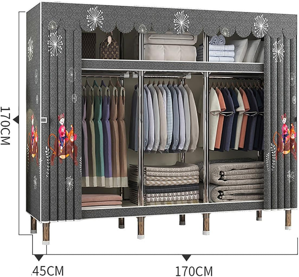 Portable Closet Wardrobe with Cover Metal Garment Rack for Hanging Clothes and Shelves for Bedroom (Color : A, Size : 17