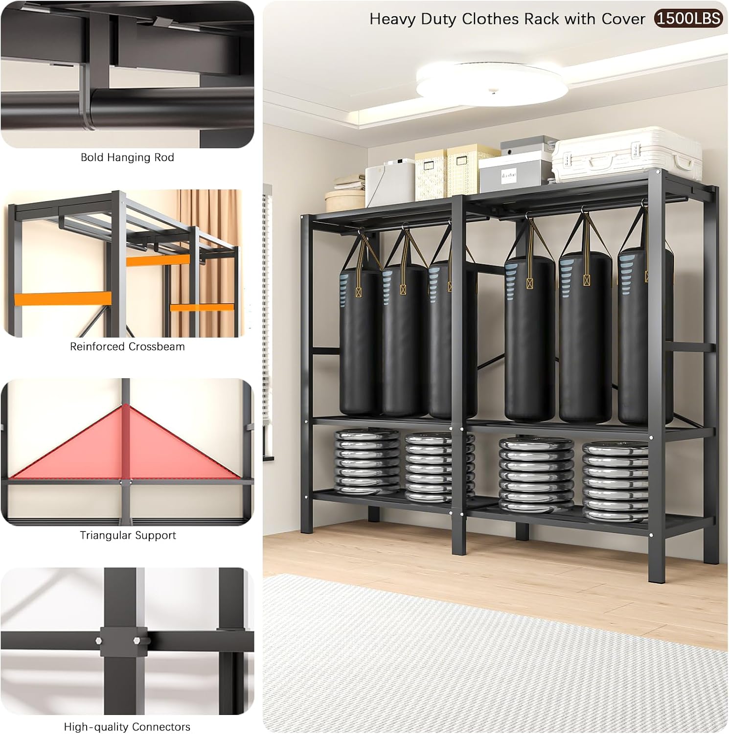 Foldable Portable Armoire Wardrobe Closet for Hanging Clothes Rack, Heavy Duty Covered Clothes Rack with Cover(HARDBOARD Magnetic), Closet Garment Rack for Bedroom Storage (KT Off-white, 59.05in)