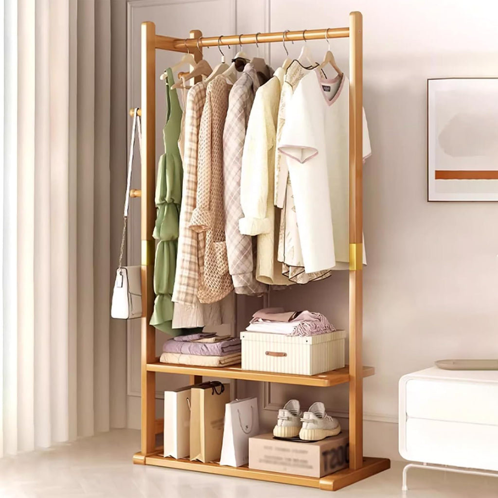 Bamboo Garment Rack Clothes Hanging Rack with Side Hooks and 2 Tiers Storage Shelves, Heavy Duty Clothes Display Rack Portable Wardrobe Closet Organizer
