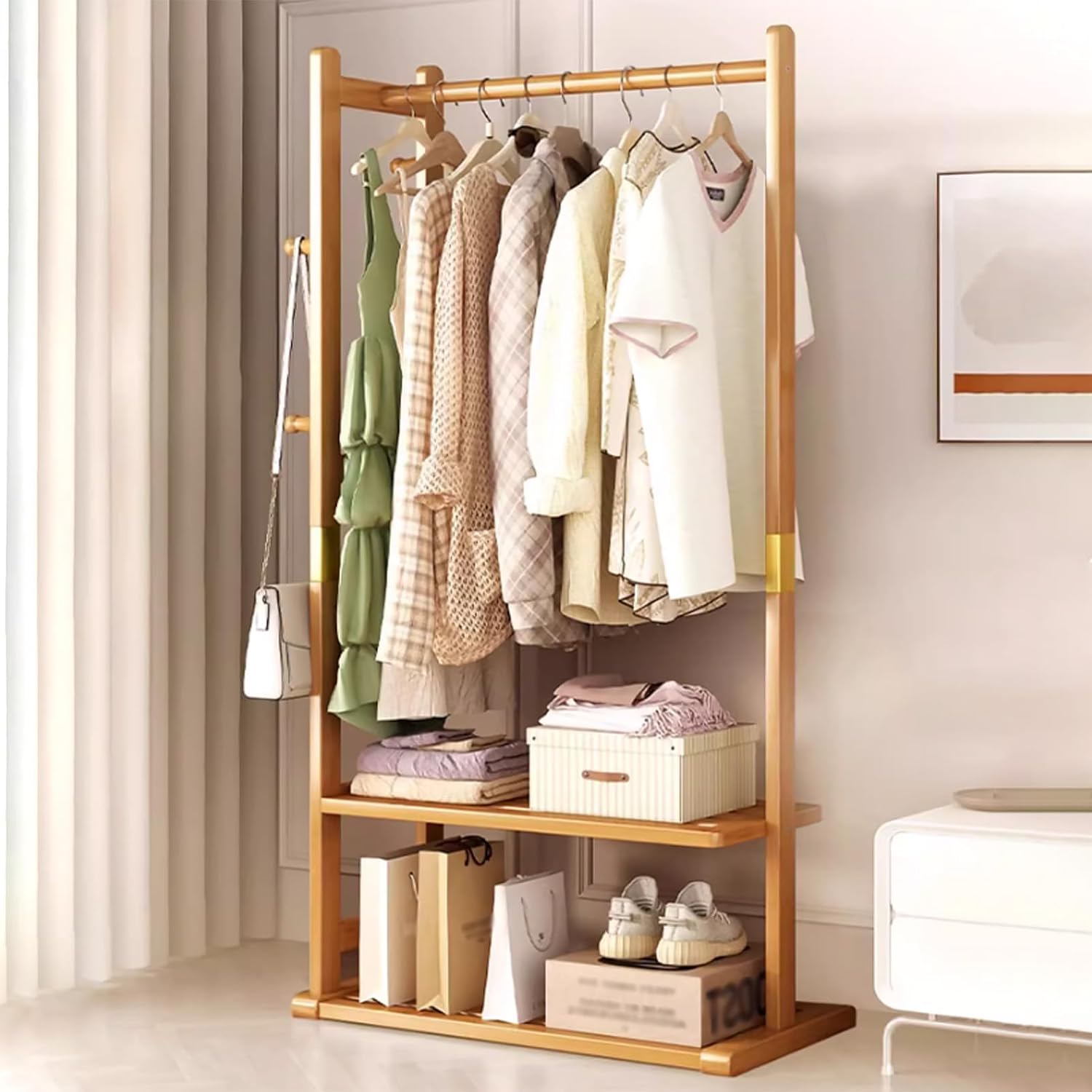 Bamboo Garment Rack Clothes Hanging Rack with Side Hooks and 2 Tiers Storage Shelves, Heavy Duty Clothes Display Rack Portable Wardrobe Closet Organizer