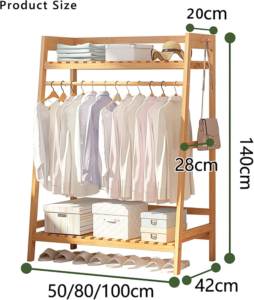 Bamboo Garment Rack,Multi-Functional Clothes Rack,with top Shelf and Shoe Clothing Storage Organizer Shelves,for Bedroom Entryway Hanging Clothes