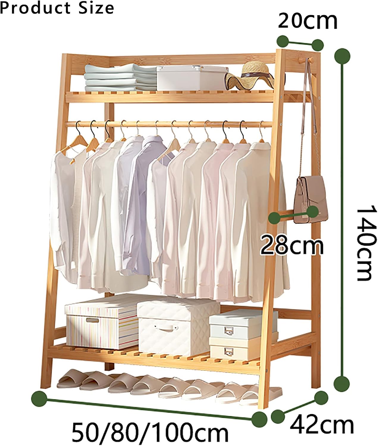Bamboo Garment Rack,Multi-Functional Clothes Rack,with top Shelf and Shoe Clothing Storage Organizer Shelves,for Bedroom Entryway Hanging Clothes