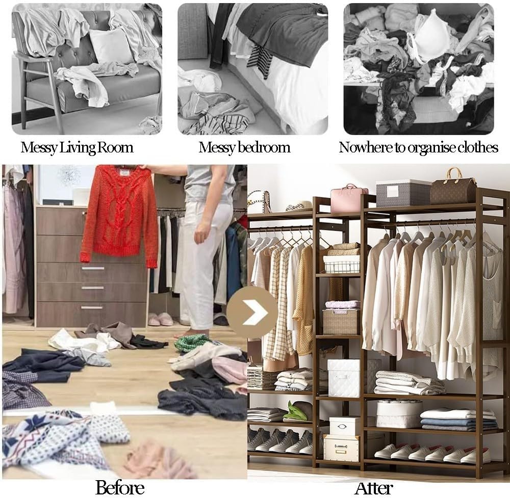 Bamboo Coat Stand with Storage Shelves and Compartments Portable Clothes Rack for Bedroom and Entryway