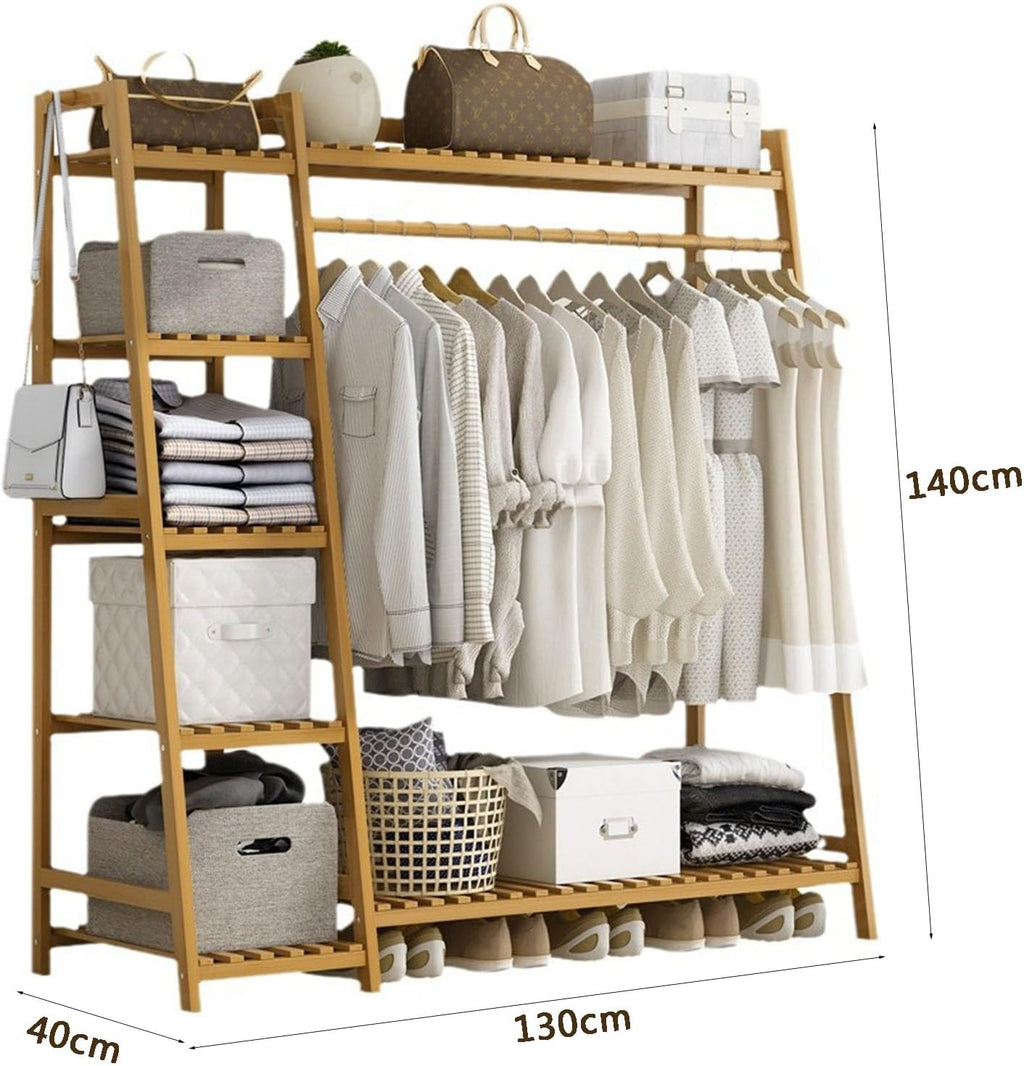 Bamboo Trapezoid Clothing Rack, Garment Rack with 5-Tier Storage Shelves Multi-Functional Clothes Hanging Rack Stand for Bedroom Living Room, Natural