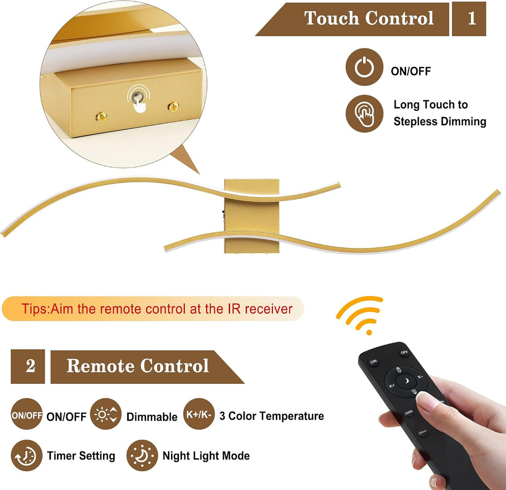 Battery Operated Wall Sconces Set of Two with Remote Control, Battery Wall Light, Stepless Colors 3000K-6000K & Dimming, Gold Rechargeable Wall Sconces for Living Room, Hallway, Bedroom, 39.3 Inch