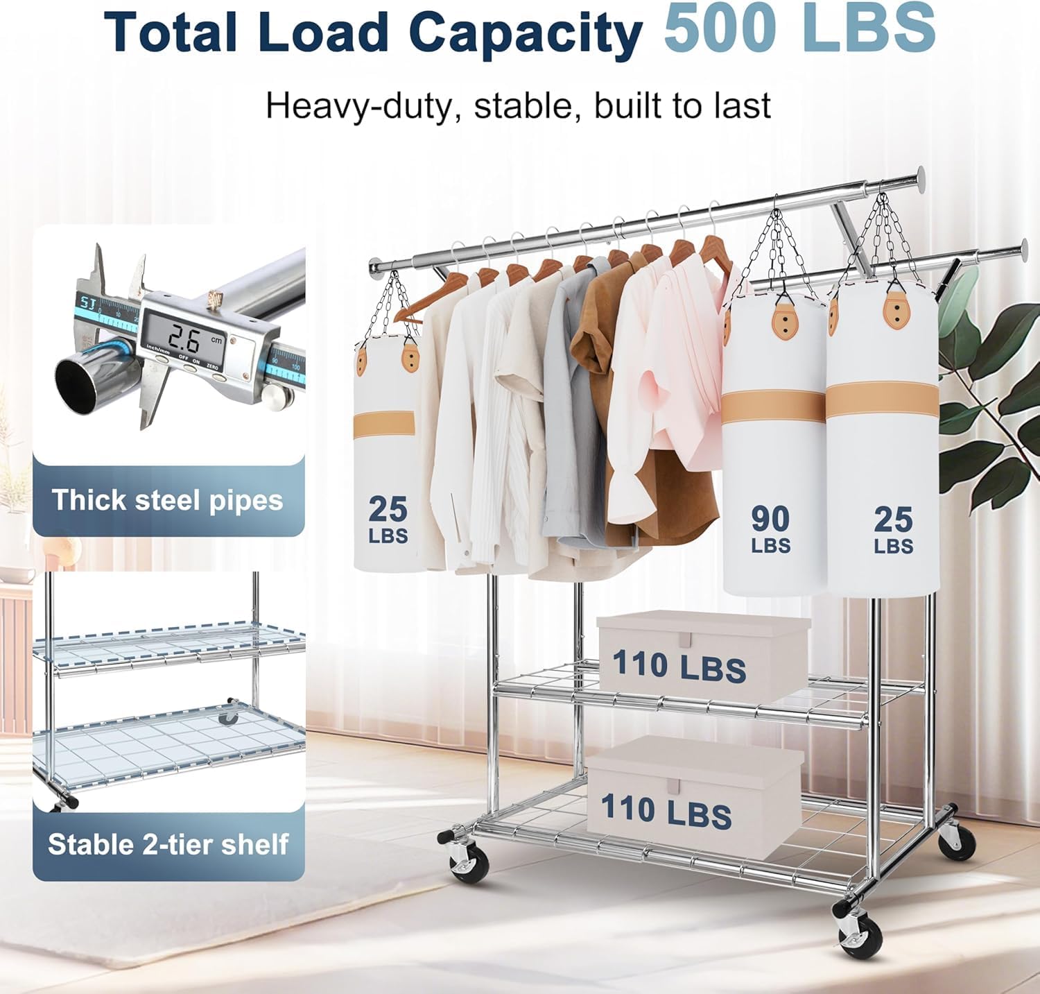 Whitmor Heavy Duty Clothing Rack: Adjustable & Extendable Rolling Garment Rack with Lockable Wheels, Double Rod Clothing Racks with 2 Bottom Shelves, Max Load 500LBS for Hanging Clothes, Chrome