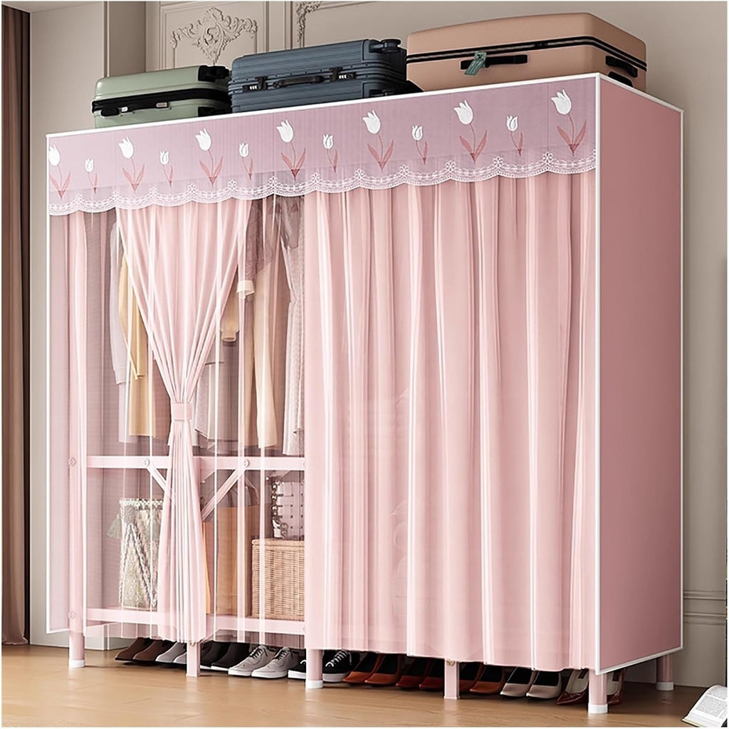 Heavy Duty Wardrobe Closet With Cover, Foldable Metal Clothes Shelves For Clothes Organizers Storage, Garment Rack For Hanging Clothes, Armoire For Bedroom, Apartment(A,150x45x170cm/59x18x67in)