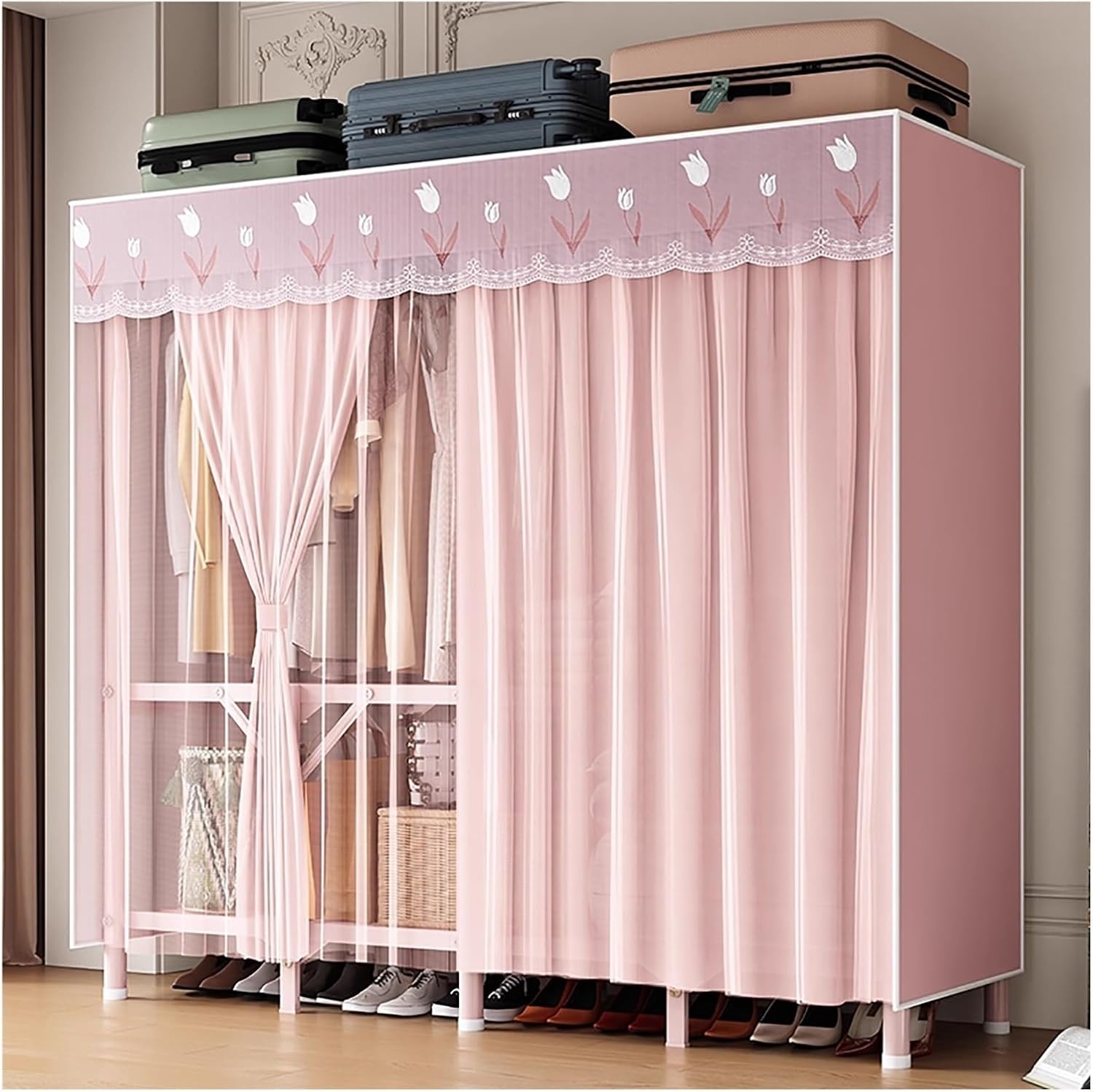 Heavy Duty Wardrobe Closet With Cover, Foldable Metal Clothes Shelves For Clothes Organizers Storage, Garment Rack For Hanging Clothes, Armoire For Bedroom, Apartment(A,150x45x170cm/59x18x67in)
