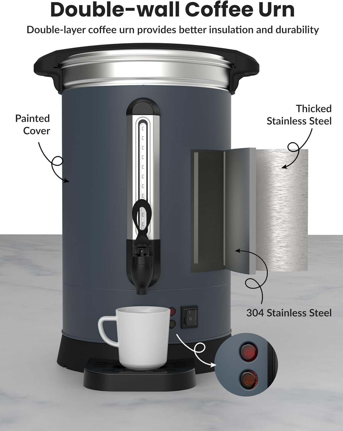 80 Cup Coffee Urn and Hot Beverage Dispenser, 12L/3.2Gal Commercial Coffee Maker Stainless Steel, Double Wall Insulation, Large Hot Coffee Dispenser for Party Buffet Catering Wedding