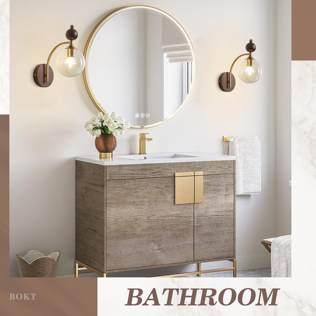 BOKT Brass Globe Gold Sconce Bedroom Wall Lamps Set of 2 Small Wall Lamp Modern Living Room Nordic Vanity Light Fixtures with Amber Glass 2-Light Bathroom Lighting Wall Sconces