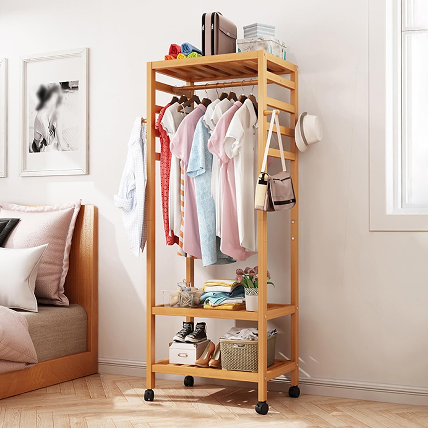 Bamboo Garment Rack Clothes Shelf Shoes Storage with 4 Hooks, Top Rod, 3 Storage Shelves, Wheels, Rolling Clothes Rack for Hanging Clothes, Clothing Racks Storage Organizer