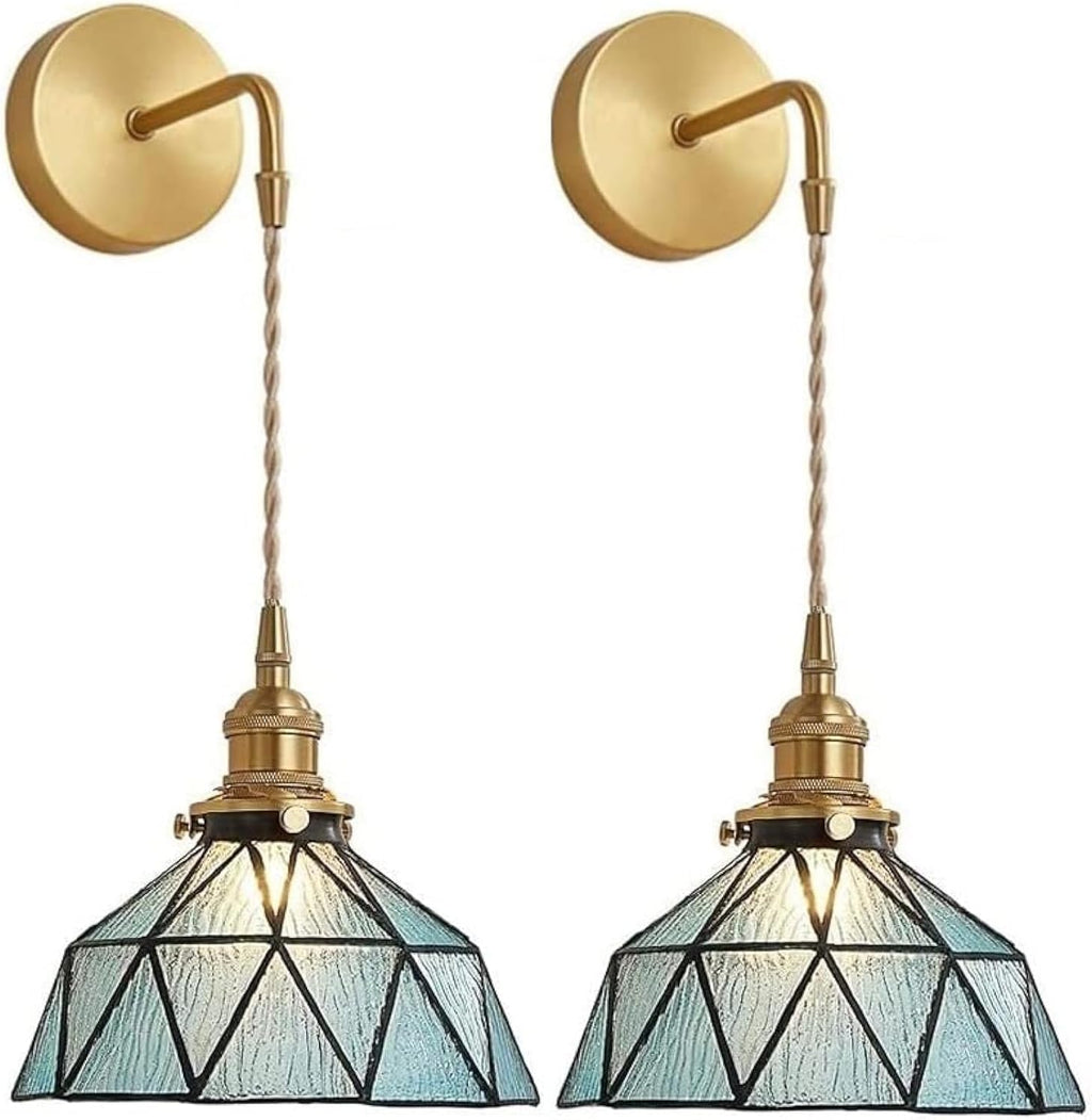 Tiffany Wall Sconces Battery Operated Set of 2,Indoor Wireless Wall Lights with Remote,Blue Glass shade Vintage Hanging Wall Lighting Fixture Wall Decor for Bedroom Bathroom Living Room Hallway