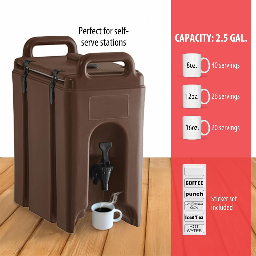 Cambro Camtainer 2.5 Gallon Insulated Beverage Dispenser for Coffee, and Hot or Cold drinks - dispenser for catering, party, or events (Brown)