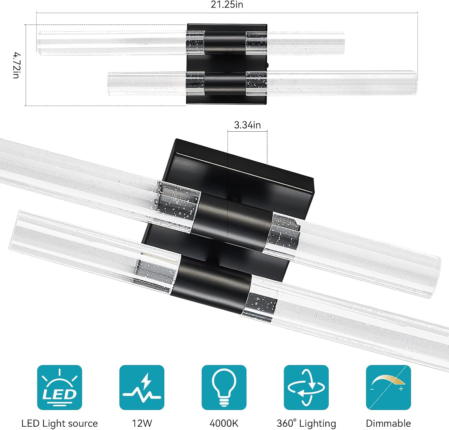 Crystal Wall Sconces Set of Two Black Wall Sconce Hardwired LED Bathroom Vanity Light Fixtures 21.25in 4000K Vertical and Horizontal Wall Mounted Sconces for Bedroom, Living Room, Hallway