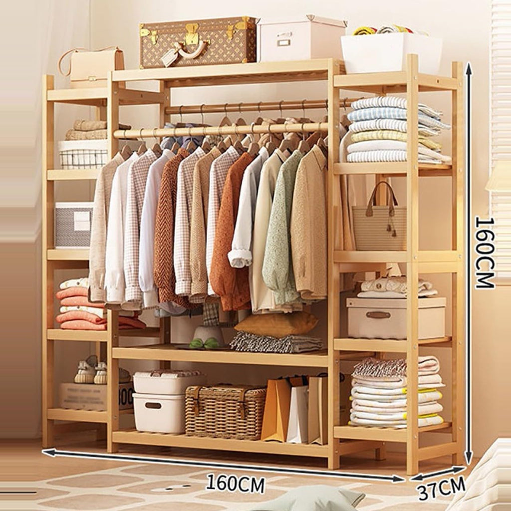 Portable Bamboo Clothes Rail with 2 Hanging Rods and 11 Storage Shelves Height: 160CM Wood Color Ideal for Hallway Entryway Bedroom (110/120/130/140/160CM)