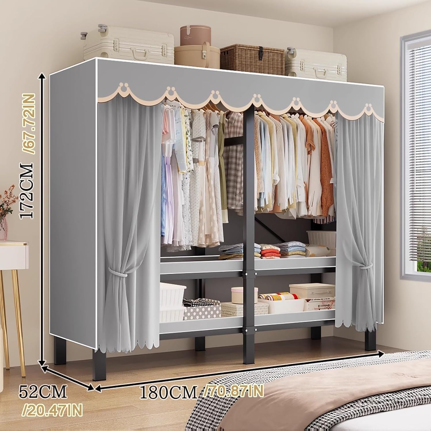 Foldable Heavy Duty Wardrobe Closet, Rolling Covered Portable, Metal Garment Rack for Hanging Clothes,for Bedroom