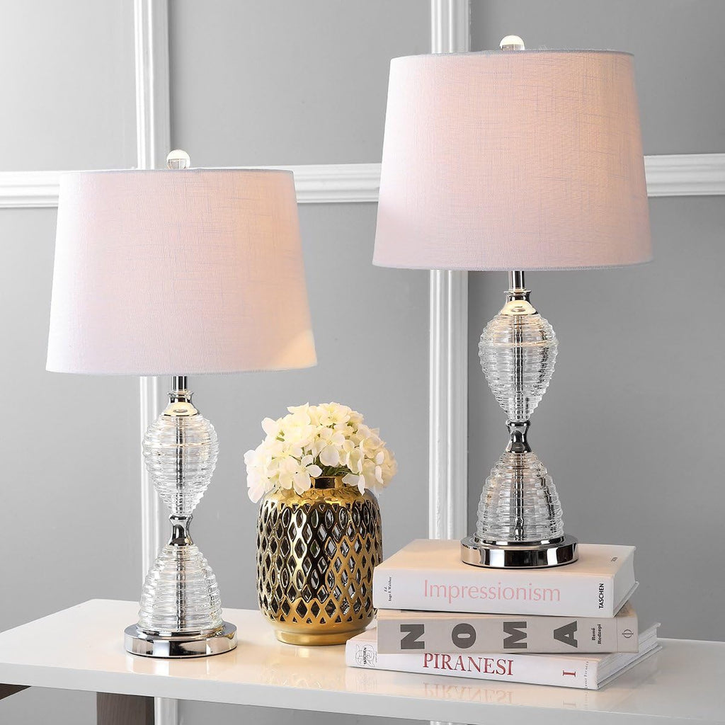 JONATHAN Y 24' Clear Crystal LED Table Lamp Set of 2, Glam Hourglass Bedside Lamps for Living Room Bedroom, White Linen Shade, Chrome Finish, LED Bulbs Included JYL2045A-SET2