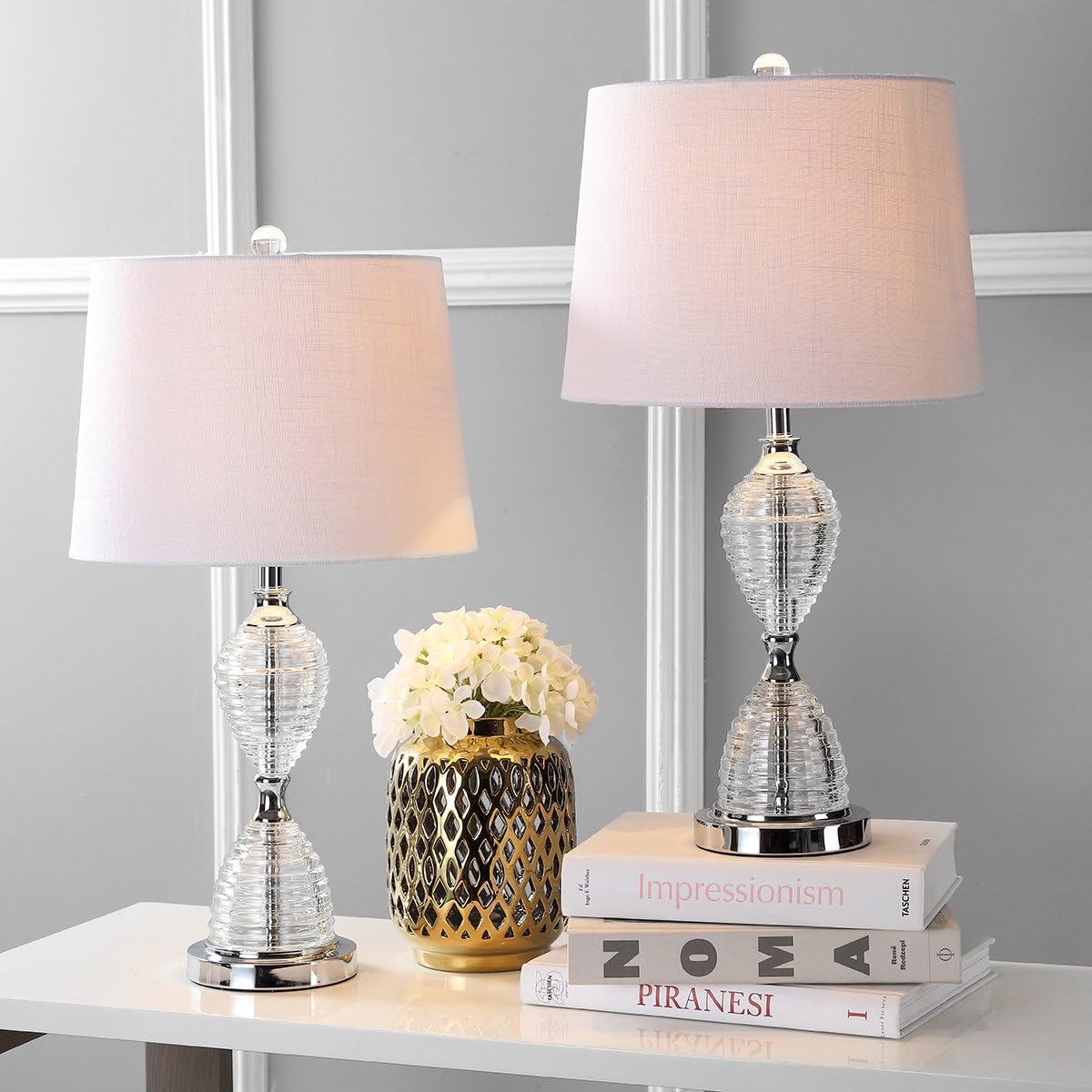 JONATHAN Y 24' Clear Crystal LED Table Lamp Set of 2, Glam Hourglass Bedside Lamps for Living Room Bedroom, White Linen Shade, Chrome Finish, LED Bulbs Included JYL2045A-SET2